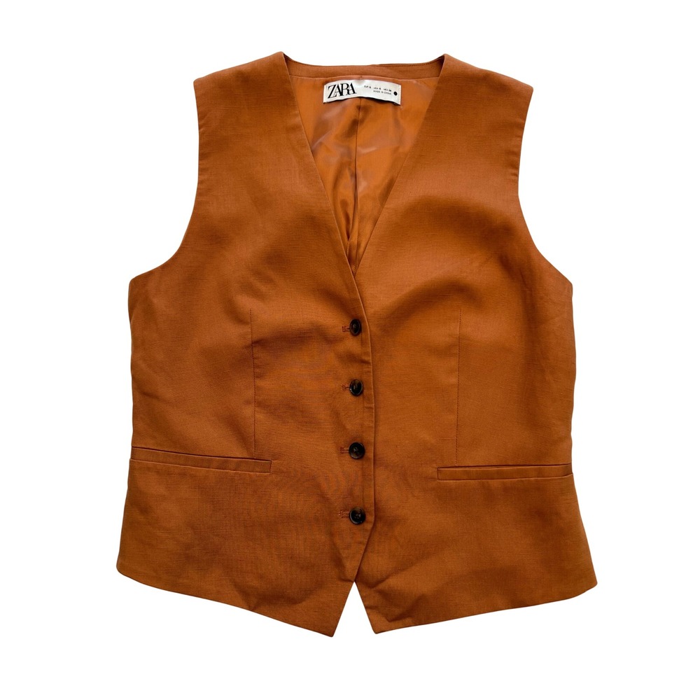 Zara Rust Orange Linen Blend Tailored Dark Academia Waistcoat Vest Size S
